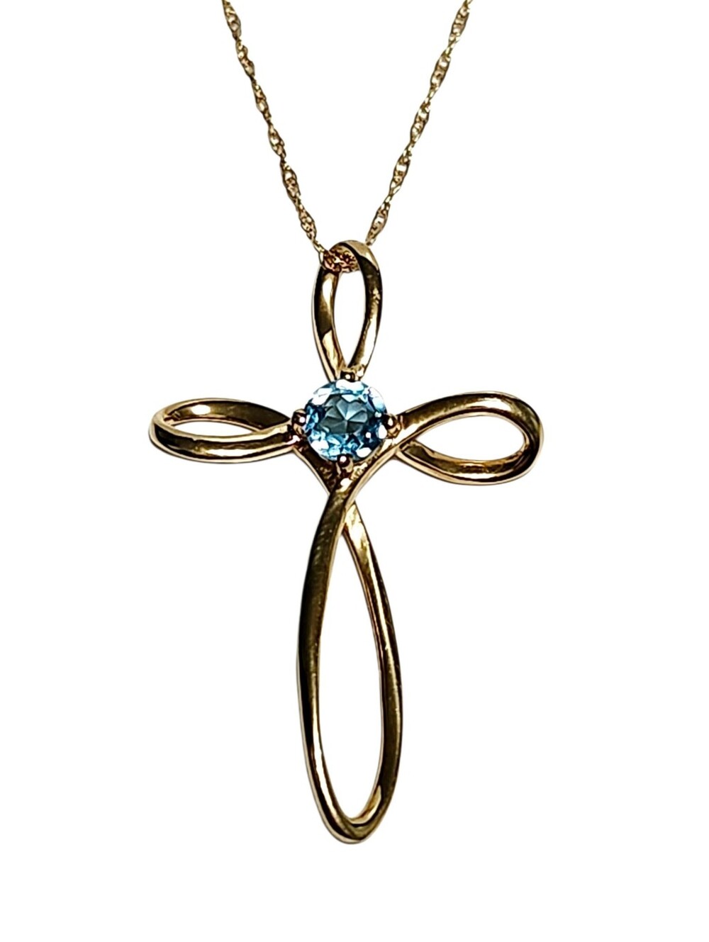 10K Blue Topaz Gold Cross Pendant 1.25" and Chain Necklace 19"